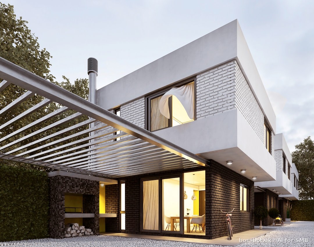 A modern house with a pergolated roof
