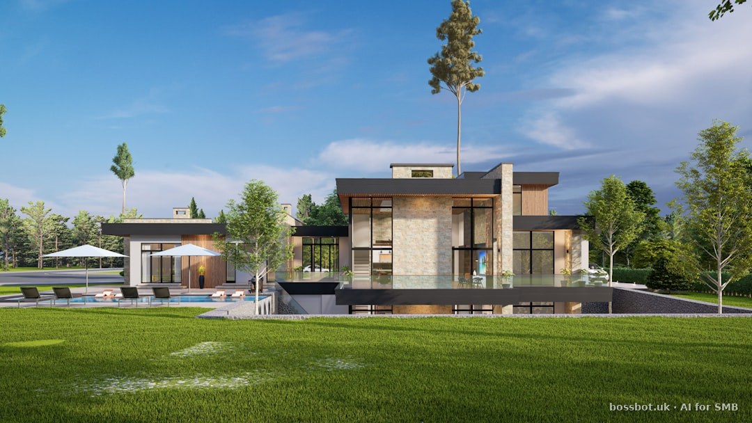 A rendering of a modern house with a pool
