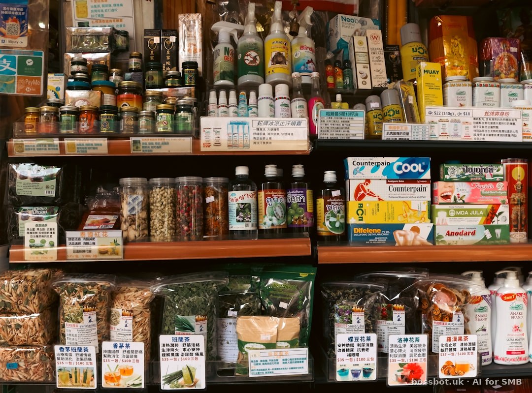 Shelves stocked with various health and beauty products