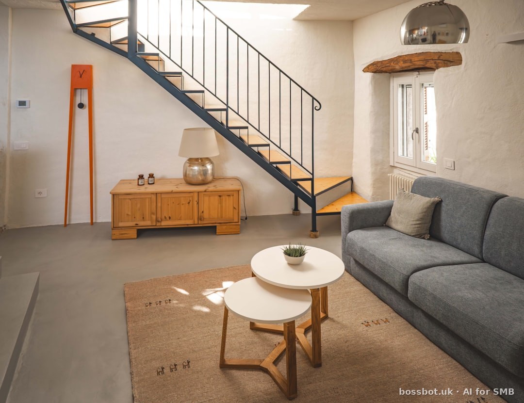 Modern living room with sofa and stairs in a holiday let property