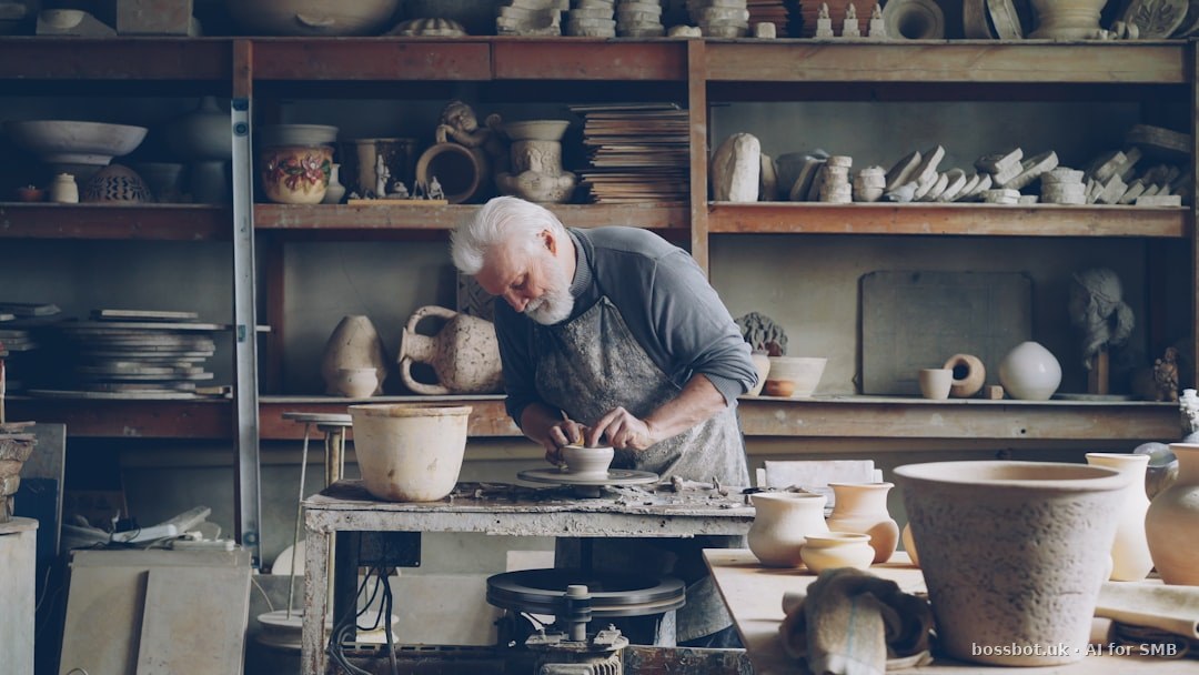 A potter works on pottery in his workshop.