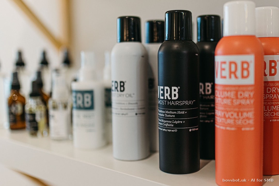 A white shelf topped with lots of different types of hair products