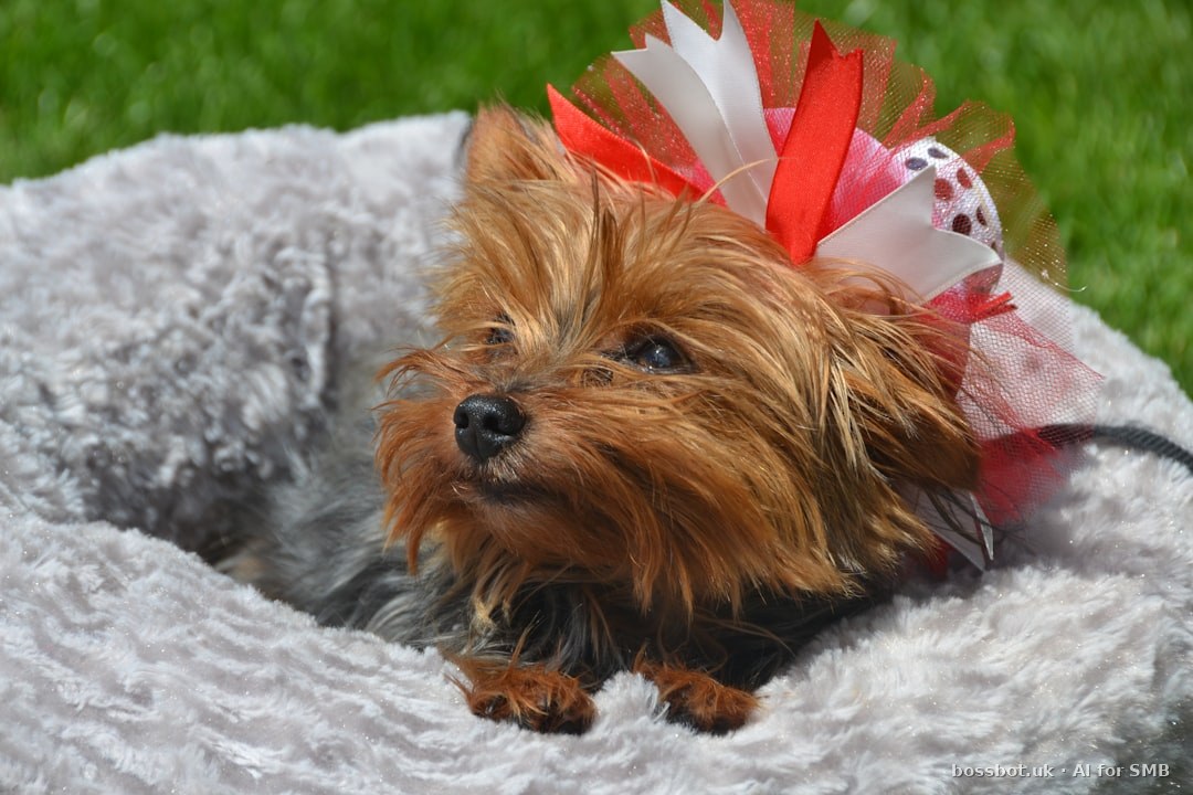 Brown and black yorkshire terrier puppy on white textile