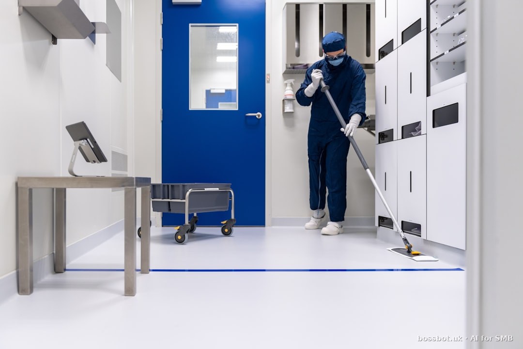 UK cleaning company owner reviewing customer WhatsApp workflow and Squeegee job dashboard with COSHH risk assessment folder on desk