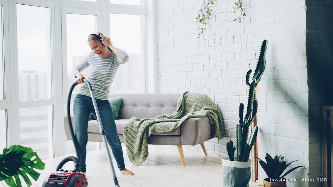 Cleaning technician invoicing a residential client on a phone